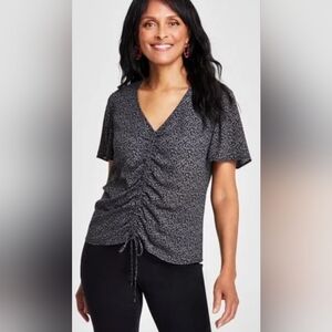 INC short flutter sleeves dark animal print vertical cinch office career top XS